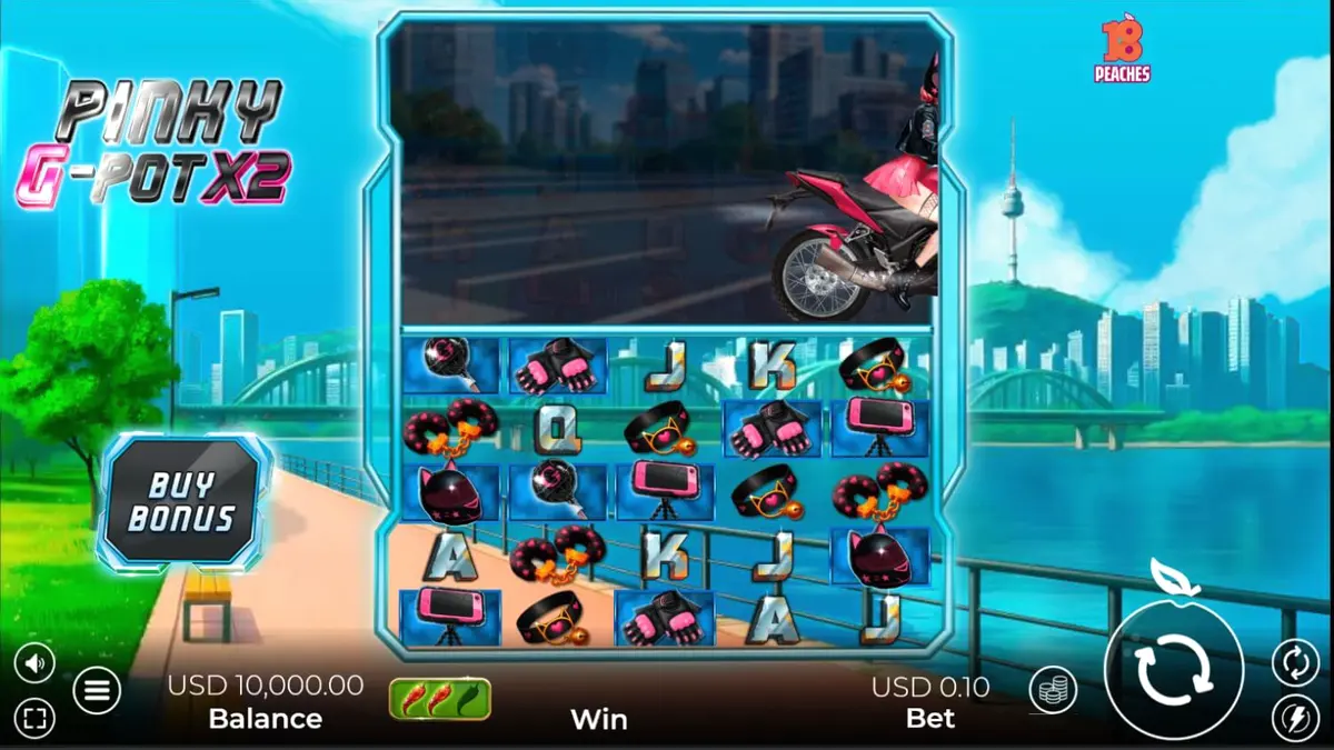 Interface do jogo Pinky G-Pot X2 em um dispositivo móvel com luzes neon