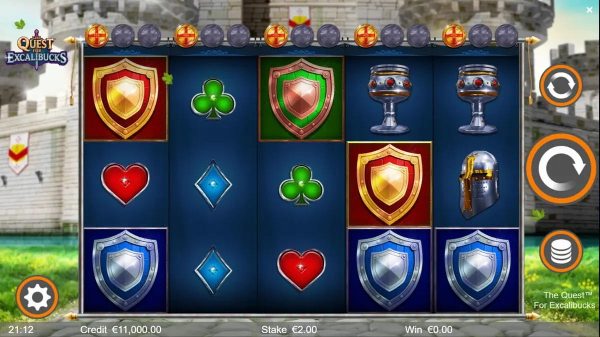 Cenário medieval do caça-níqueis The Quest for Excalibucks com rolos de jogo