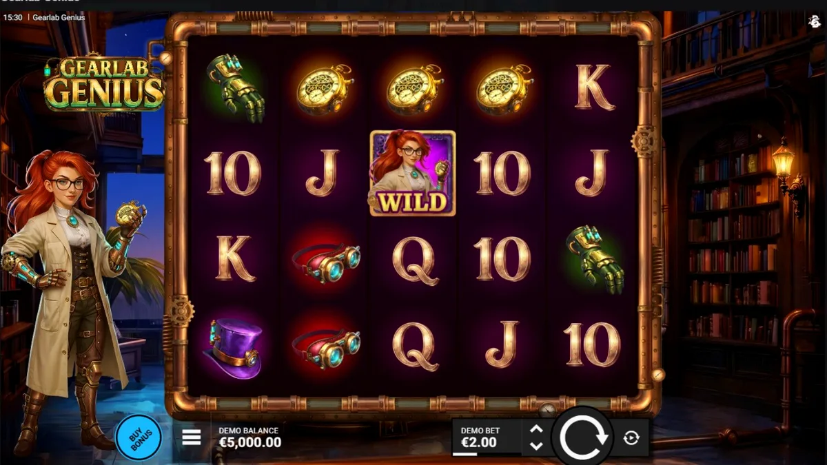 Interface do slot Gearlab Genius com engrenagens steampunk e rolos sincronizados